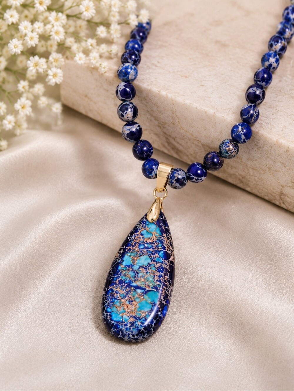Blue Imperial Jasper Natural Stone Pendant  Necklace
